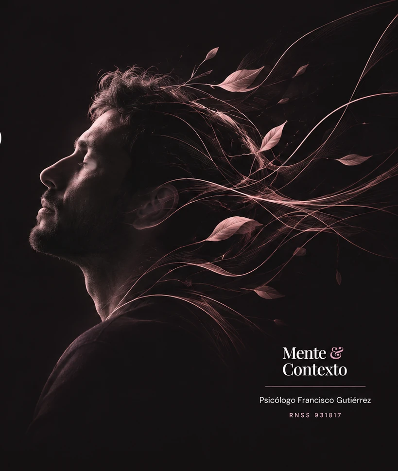 Composición artística de un perfil humano con líneas orgánicas rosadas; firma Mente & Contexto, Psicólogo Francisco Gutiérrez, RNSS 931817
